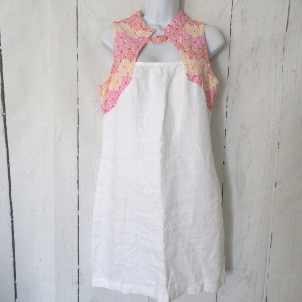 Harris Cotton‎ Dress M White 100% Linen Embroidered Sleeveless Shift Greece